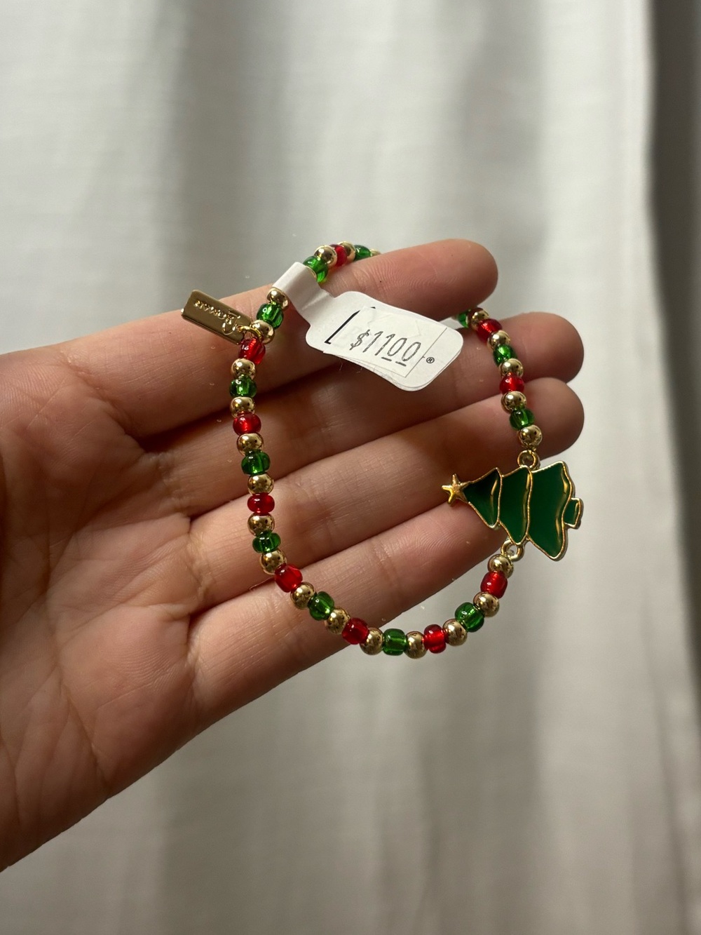 Holiday Green & Red Beaded Bracelet with Tree Charm